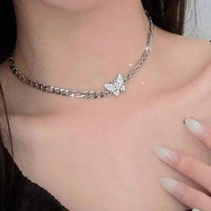 Silver Rhinestone Butterfly Choker Necklace